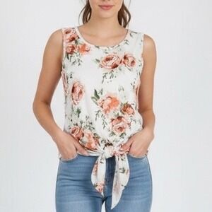 First Love Tank Top Womens XL White Rose Floral Stretch Round Neck Front Slit